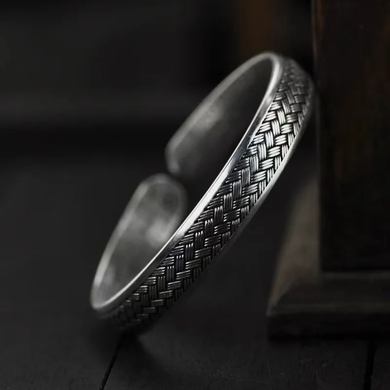 Simplicity Chinese National Style S925 Sterling Silver Men's Bracelet Fashionable Woven Retro Silver Chain Face Open Bangle