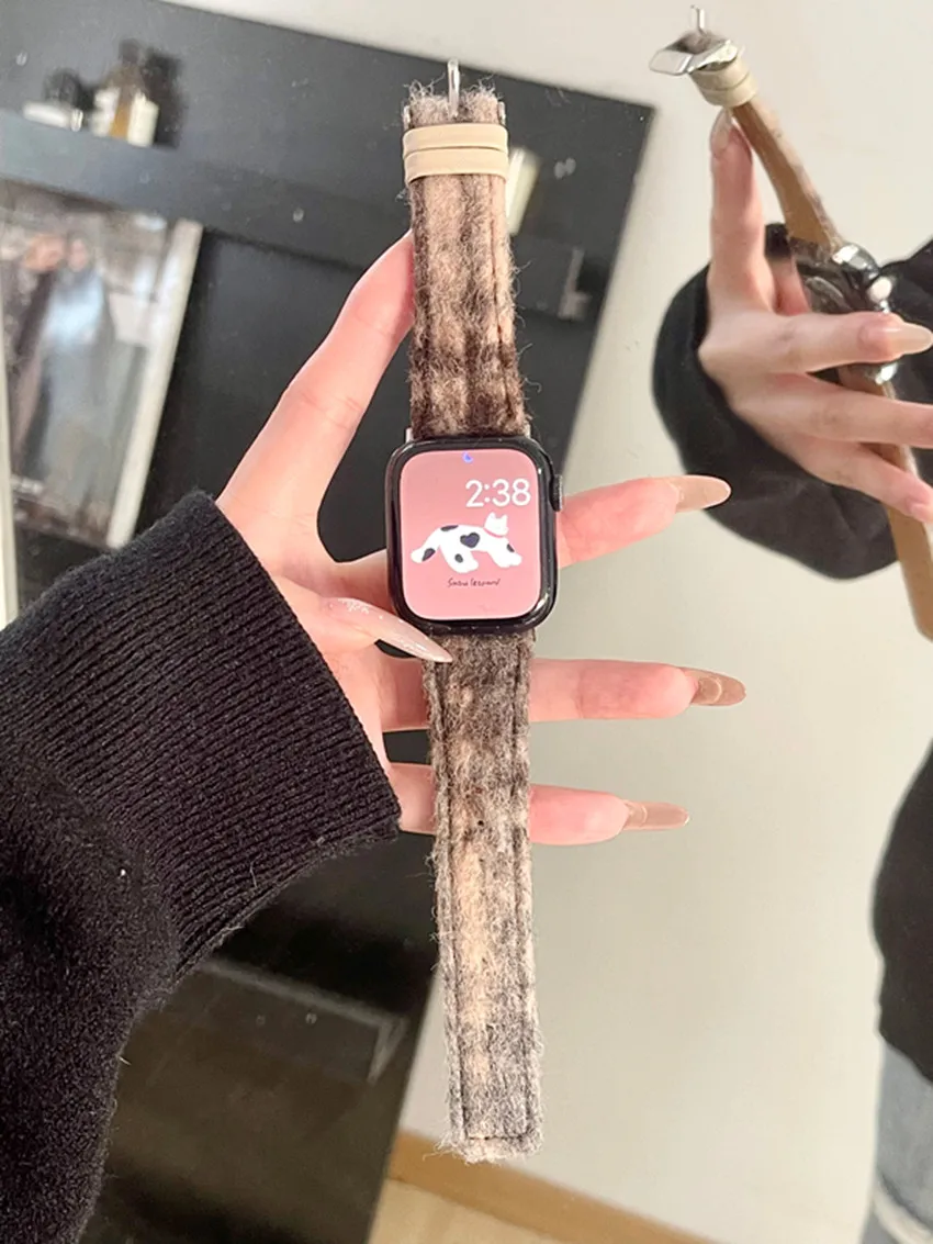 سوار ساعة من الصوف والجلد لساعة أبل iWatch ، 40 ، 44 ، 45 ، 8 ألترا٢ ، 49 ، سوار معصم ، 8 ، 7 ، 6 ، 5 ، 4 ، 41 ، 40 أو