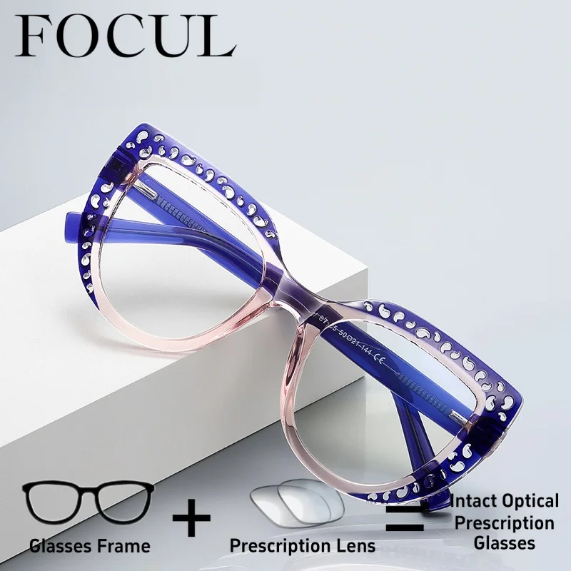 FOCUL New TR90 Blue Light Blocking HD Glasses Cat Eye Frame Custom Progressive Lens Eyewear Women Myopia Prescription Eyeglasses