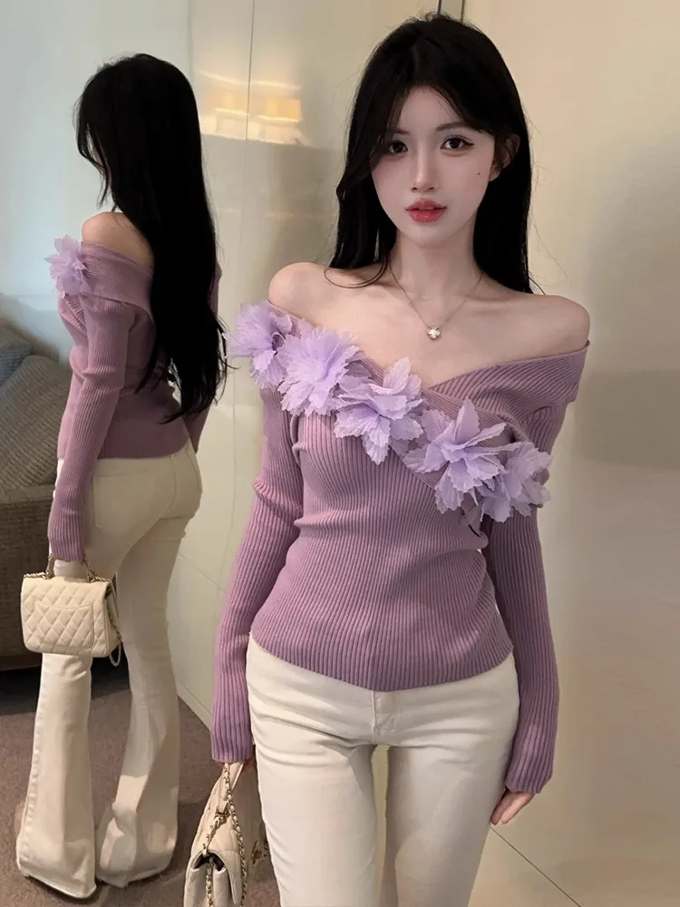 

Cross-oulder Knitted Sweater Korean Sle Slim Fit Long Sve V-Ne Warmth Casual Women's Top Pure Color Floral Embroidery