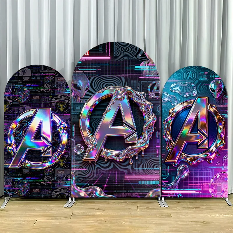 

Arch Backdrop Cover Single Side Avengers Glittery Logo Neon Cyber Tech Party Decoration Photo Booth Background Props Room Decor