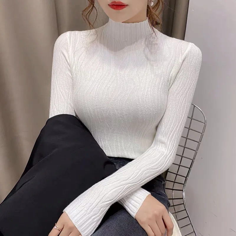 

Sweaters Fashion White Mock Neck Knitted Sweater Women Pullovers Long Sleeve Knit Sweater Pullover Women Tops Knitwears Q3433