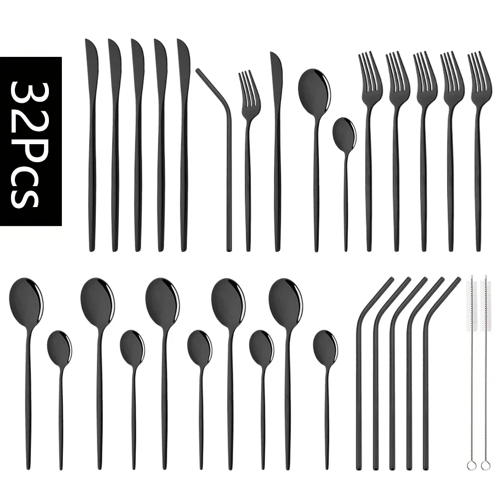 

32Pcs Stainless Steel Dinnerware Set Kitchen Black Cutlery Set Knife Fork Spoon Straw Flatware Tableware Western Silverware Set