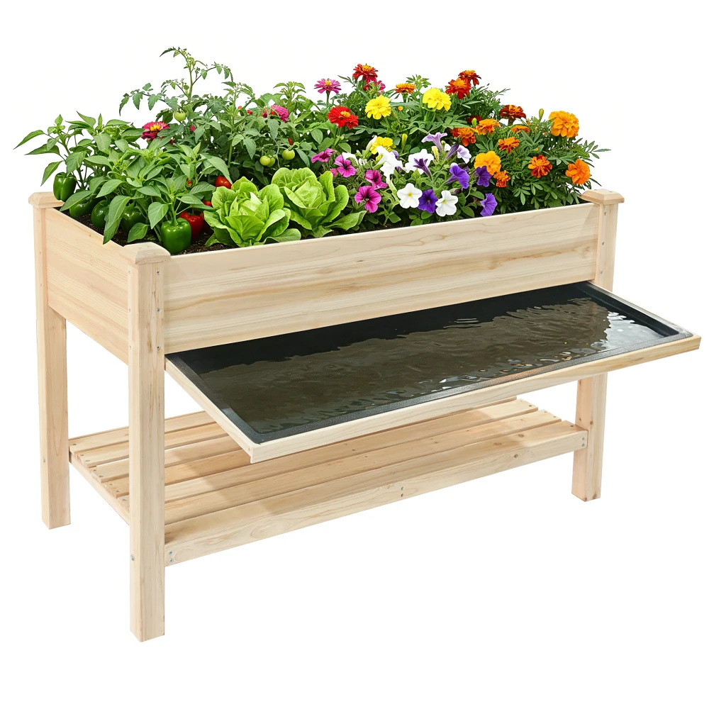 

Raised Garden Bed 48x23x31.1-inch Elevated Wood Planter with Water Collection Tray, Storage Shelf, Protective Liner