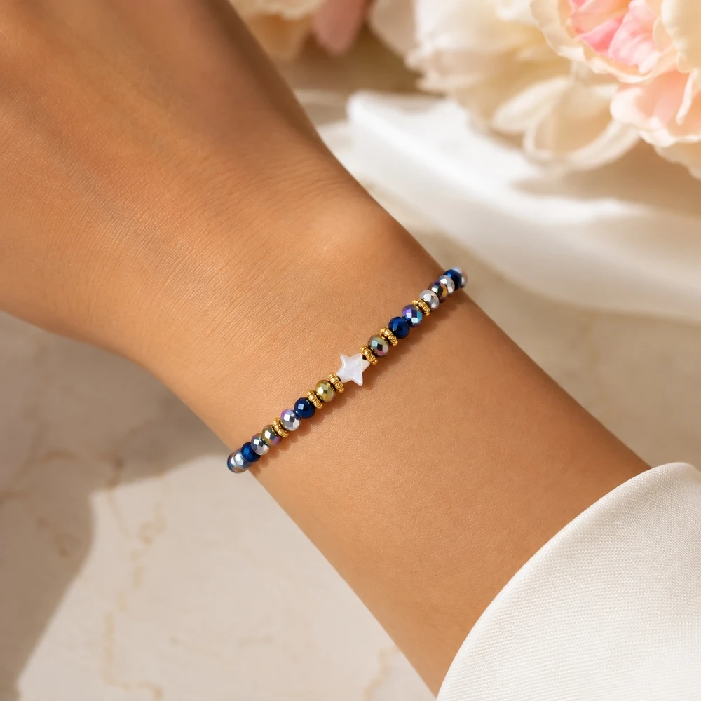 1pc Star Beaded Strand Bracelet with Shell Star Copper Beads Multicolor Faceted Beads Adjustable Black Lace-Up Cord for Women