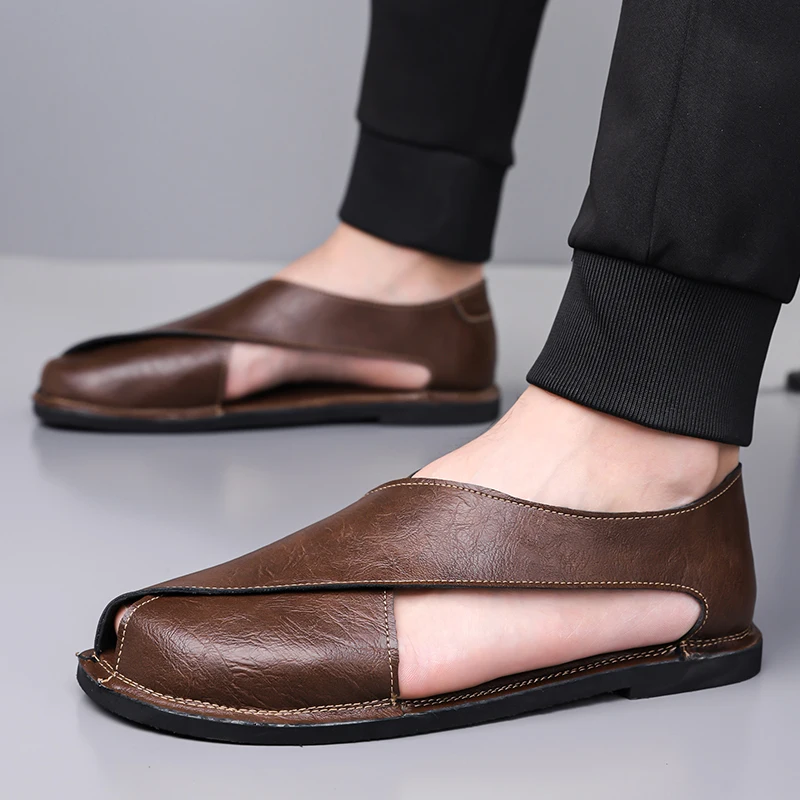 

Summer Men Sandals Leather Mens Casual Shoes Slip On Breathable Outdoor Men Leather Sandals Men Beach Roman Shoes