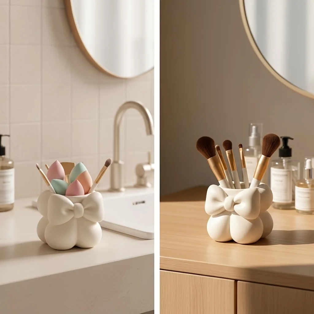 Cream-Colored Bow Makeup Brush Storage Bucket, Desktop Vanity Organizer, Matte Desk Storage Supplies