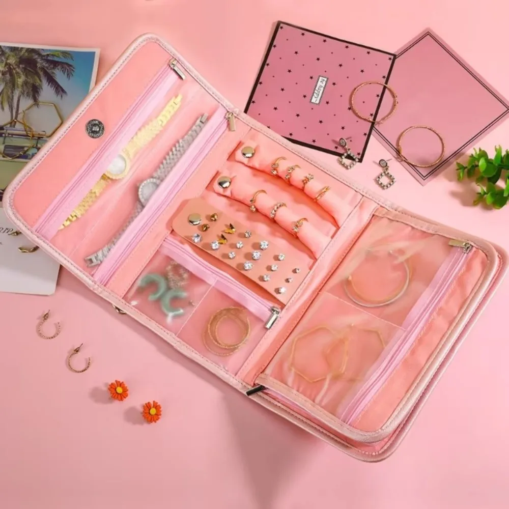 حقيبة تخزين المجوهرات القابلة للطي، تصميم كتاب من البولي يوريثان، جيوب شفافة، حقيبة تخزين قلادة محمولة مع سحاب متعدد الوظائف