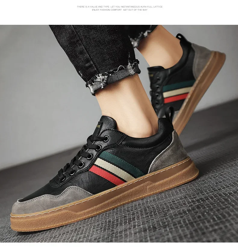 New Shoes for Men Genuine Leather Casual Shoes Trend Striped Flat Skateboard Shoes Youth Street Cool Sneakers