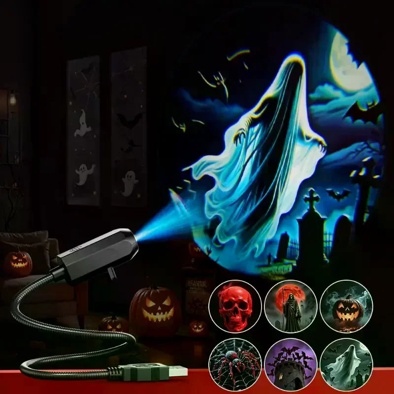 Halloween Projector Light 6 Patterns Rotatable Horror Ghost Pumpkin Skull Projection Lamp Party Decor Atmosphere Light USB