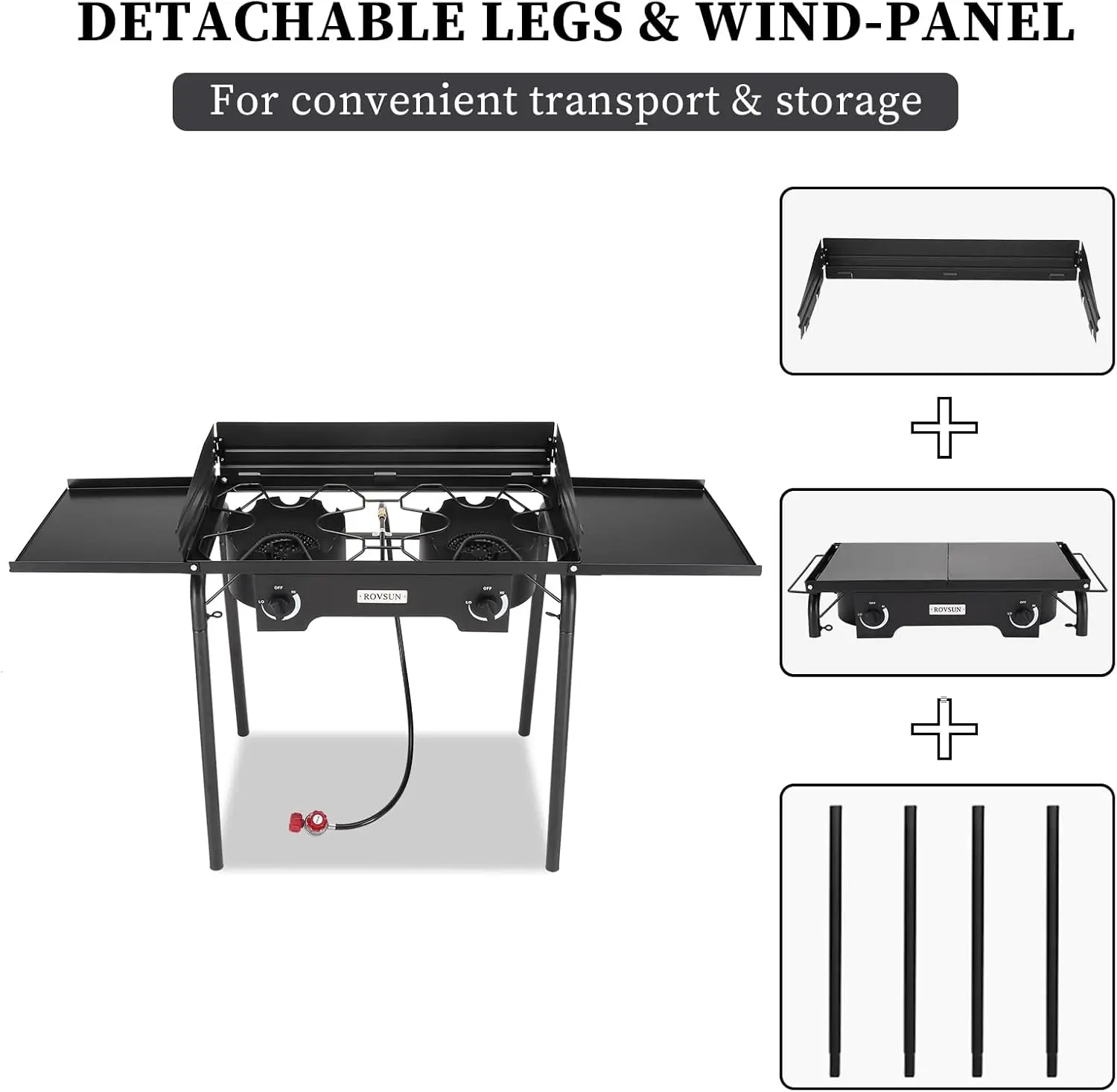 Estufa de camping al aire libre de 2 quemadores con panel de viento y estantes, quemador de propano resistente, cocina de gas con patas desmontables y registro CSA