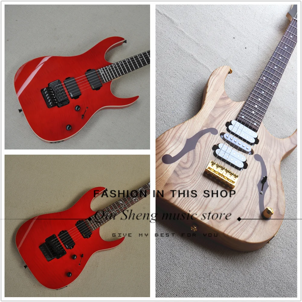 Red electric guitar, Flame maple top, white binding, tremolo bridge, rosewood fingerboard, maple neck, black hardware