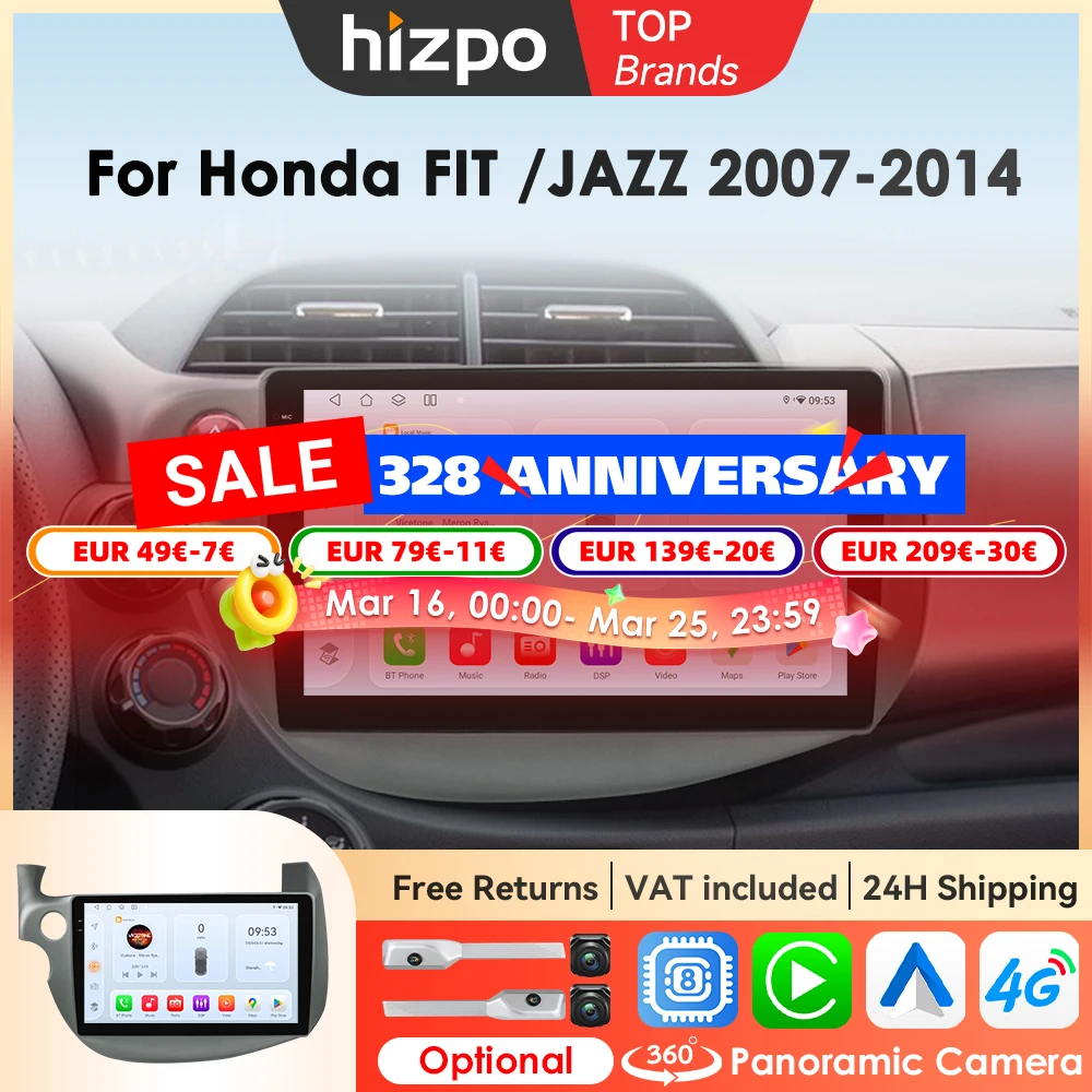 Hizpo 2din Android 14 autoradio pour Honda Fit Jazz gauche 2007-2014 Carplay Multimidia lecteur Navigation GPS unité principale 6115