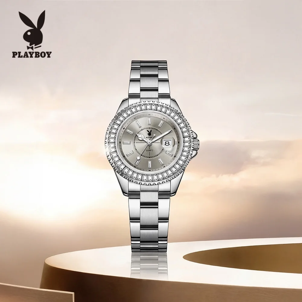 PLAYBOY Luxury Quartz Watch for Woman Hot Sale Diamond Bezel Original Solid Steel Strap Waterproof Women's Wristwatch Gifts 3528