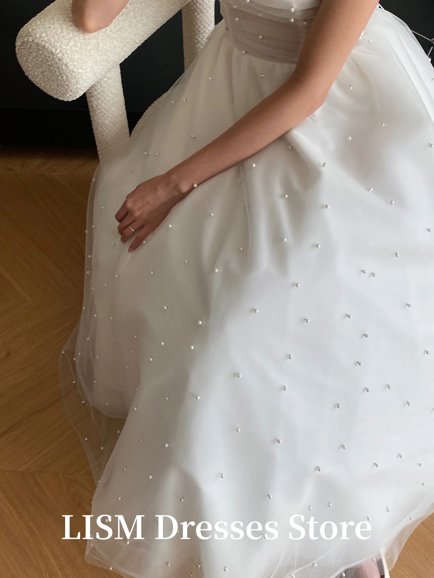 LISM Strapless A-lijn Korea Trouwjurken Parels Zijde Tule Aangepaste Elegante Bruidsjurken SEOanke Lj Tinggi Lange Jurk Voor Bruid