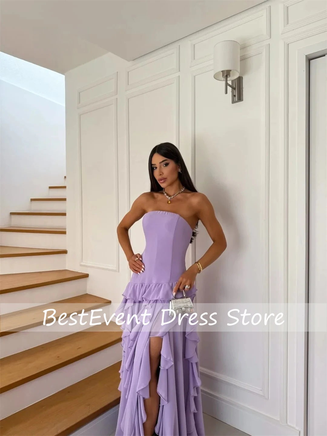 

Customized Evening Dresses Woman Elegant Dress Ruffles Women's Evening Dresses Sleeveless Line A Purple Boat Collar Party Gown