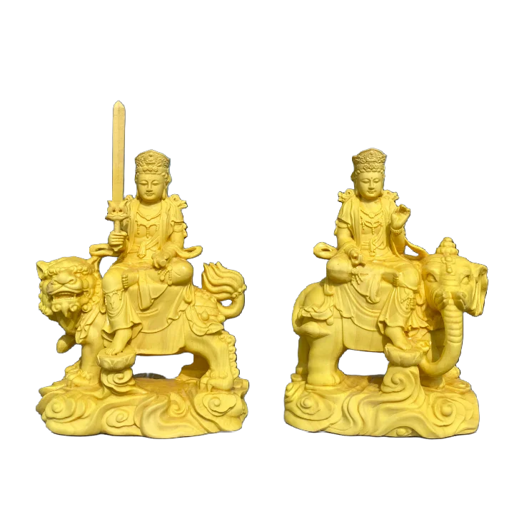 Hand Carved Boxwood Wooden Manjushri on Lion Samantabhadra on Elephant Bodhisattva Statues Pair (Set of 2) - Spiritual Ornament