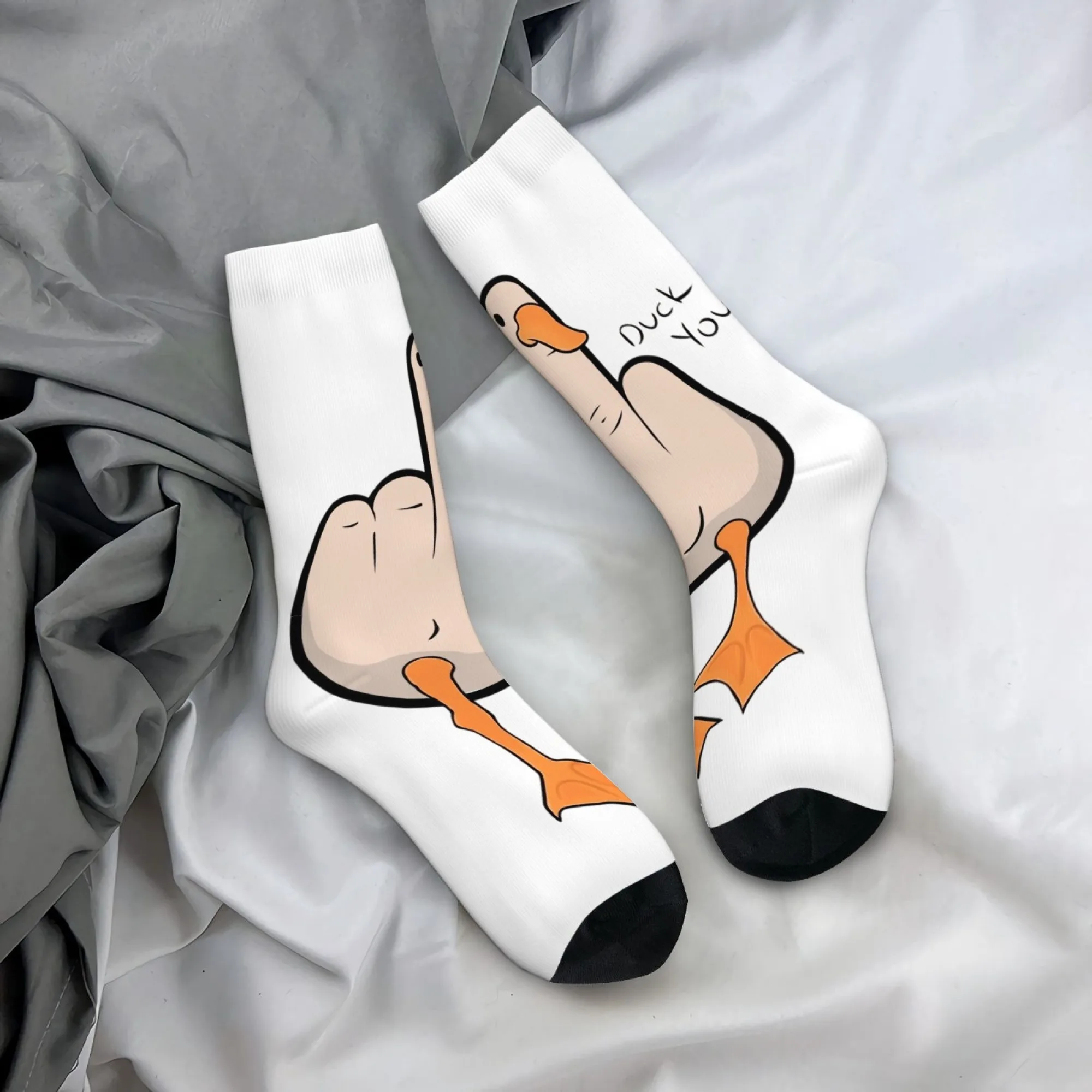 Cartoon Outdoor Socks with Funny Duck Middle Finger Print Design Mid-Calf Length for Sports Enthusiasts Breathable & Stylish