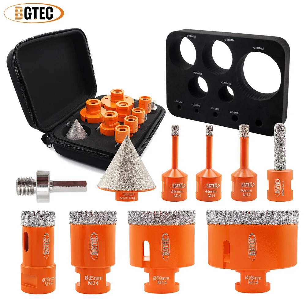 

BGTEC EVA Kit 10pcs 6/6/8/25/35/50/68mm M14 Diamond Drill Bit+10mm Grinding Rod Arc+2" Conical Chamfer+HEX Ceramic Tile Granite