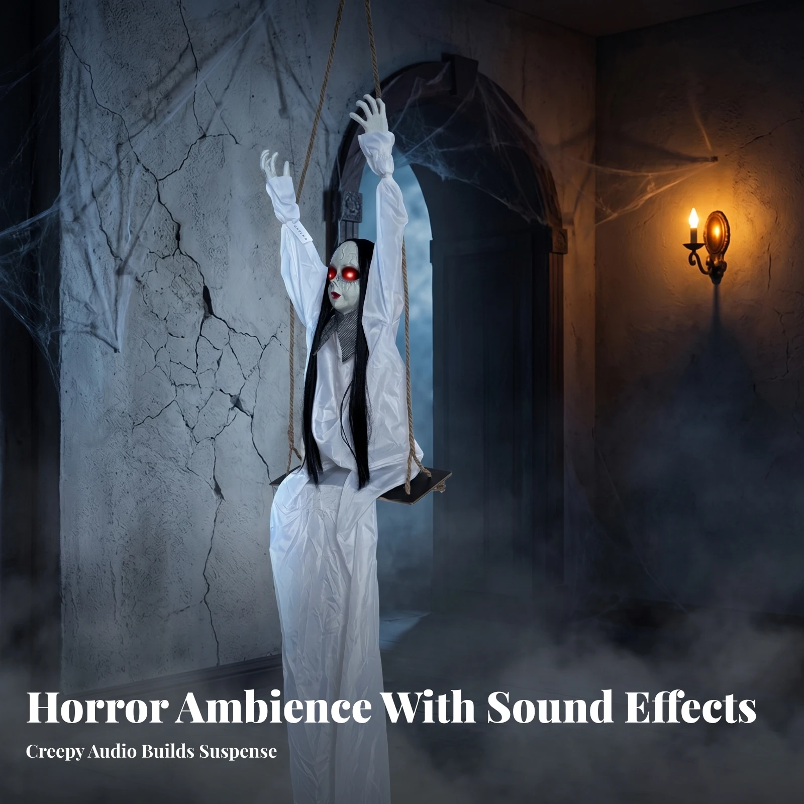 Creepy Hanging Animatronic Animated Swing Girl Glowing Eyes Hanging Swing Girl Rope Suspended for Haunted House