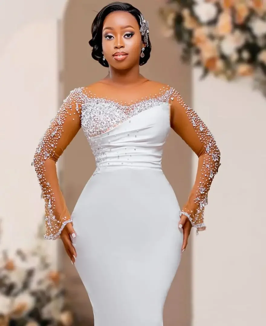 فستان زفاف مخصص مقاس كبير للعروس ذيل قابل للانفصال حورية البحر فستان الزفاف فساتين الزفاف رقبة شفافة وأكمام طويلة