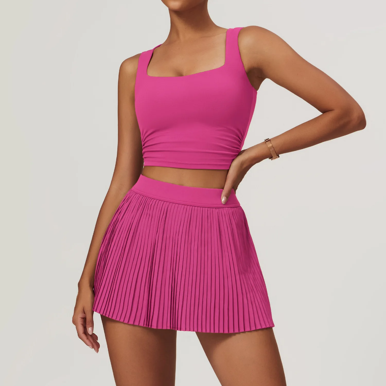 Women 2-Piece Yoga Tennis Skirt Set Gym Outdoor Bra Crop Top High Waist Fitness Skirt Suit Women\'s Golf Dance Badminton Sport