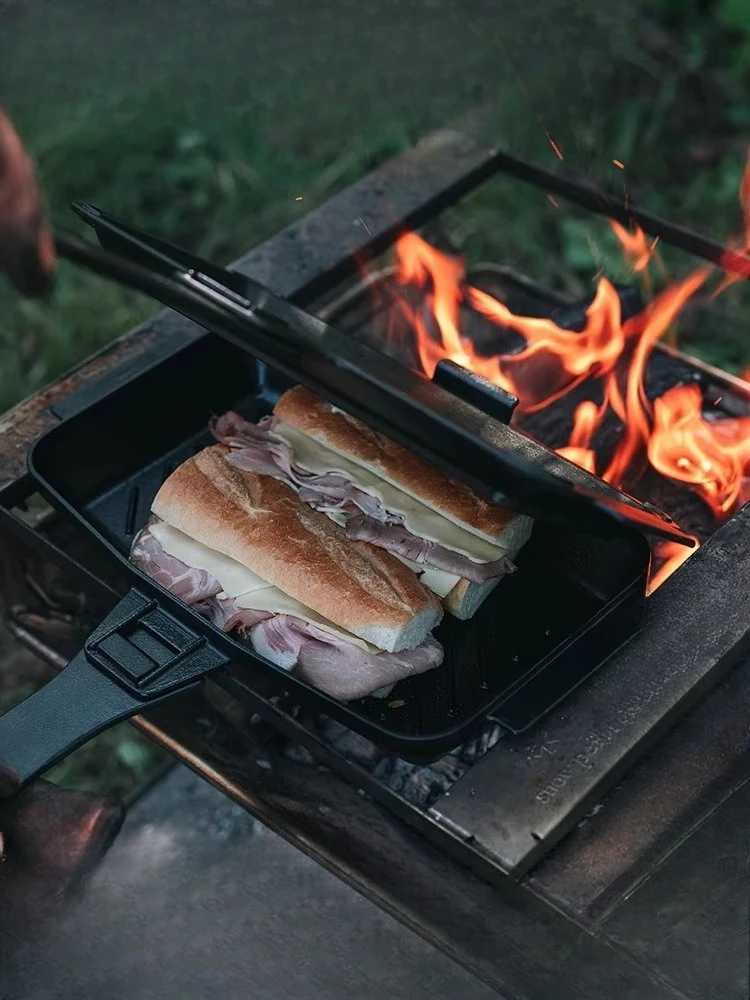 Camping outdoor TAKIBI folding baking pan campfire sandwich cast iron baking pan GR-050