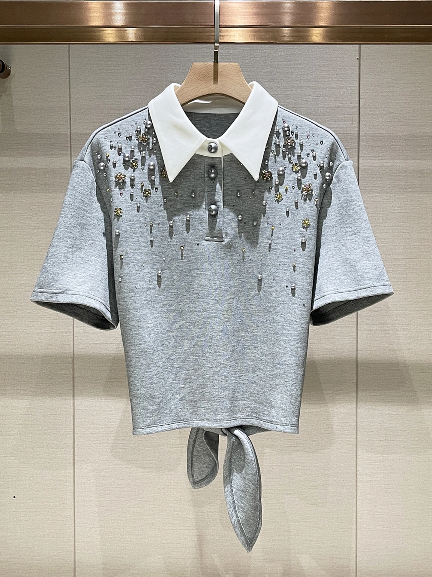 

Unique Stylish Grey Short Sleeve Collared T-Shirt Women's Spring 2026 New Arrival Casual Knitted Top Skin-friendly Breathable