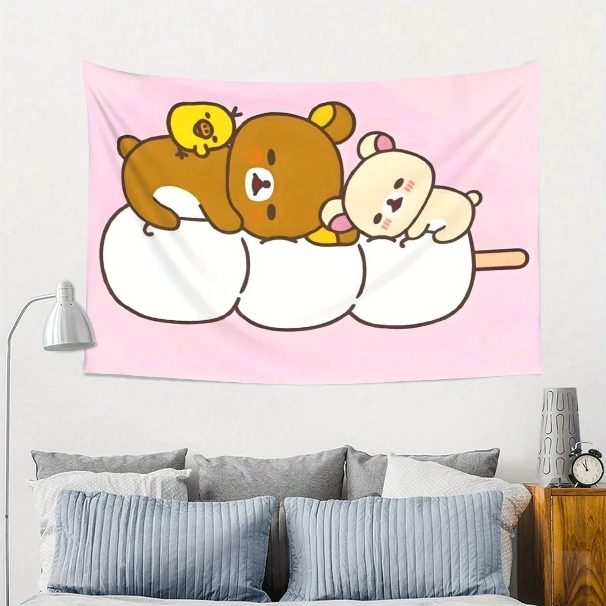 R-Rilakkuma & Friends Sleeping Dango Tapestry, Cute Kawaii Bear Wall Hanging for Bedroom, Dorm, Kids Room Decor