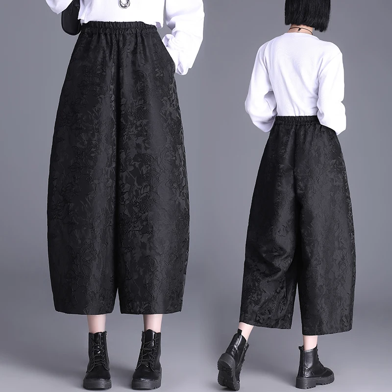 High-End Fleece Lined Embroidered Wide Leg Pants Women's Casual Bootcut Pants Autumn Winter plus Size Slimming Nine-Piece Blo...