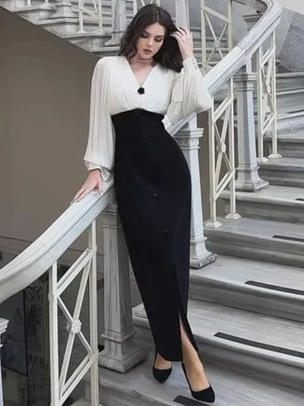

Ele Slimming Bla White Small Fraance Sle Dr Women's Autumn Faion 2025 High Waist Long Sve V-Ne Gown