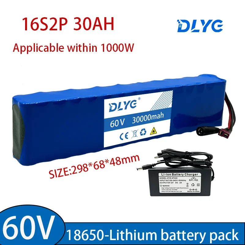 Brand New 60V 16S2P 30000mah 18650 Li-ion Battery Pack 67.2V 30AH for Electric Bike Scooter Scooter Kids Car with Bms1000 Watt