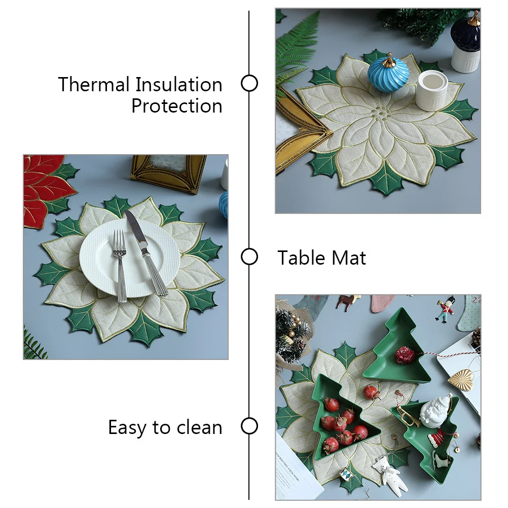 

4Pcs Christmas Embroidered Poinsettia Placemats Decorative Heat Resistant Insulation Table Mats Holiday Dining