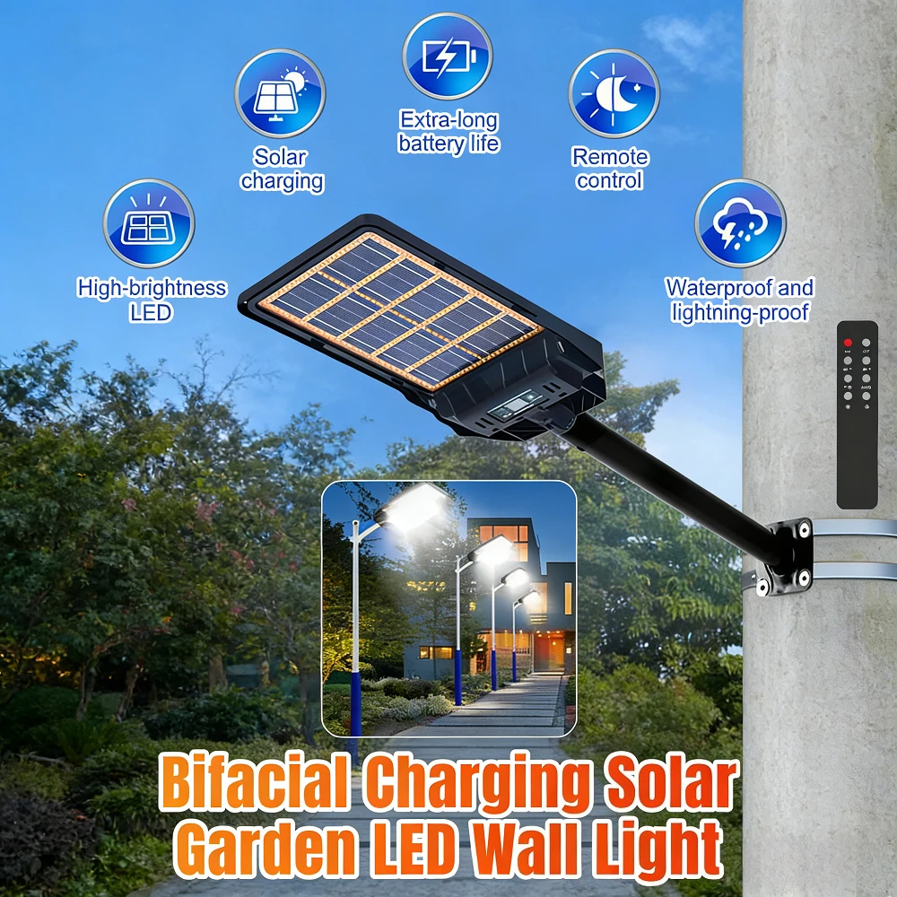 

Солнечный настенный светильник 300 Вт с двусторонней зарядкой, IP65, уличный фонарь на солнечных батареях с радарным датчиком, дистанционным управлением, водонепроницаемый, для наружного освещения
