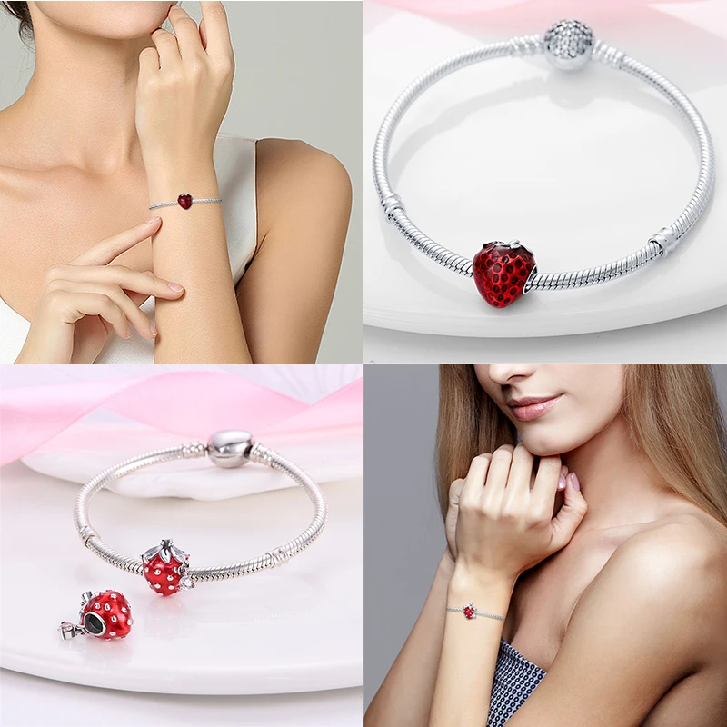 Charms Fit Pan Bracelets S925 Silver Color Strawberry Cherry Blueberries Fruit Sweet Original DIY Jewelry Birthday Fine Gifts