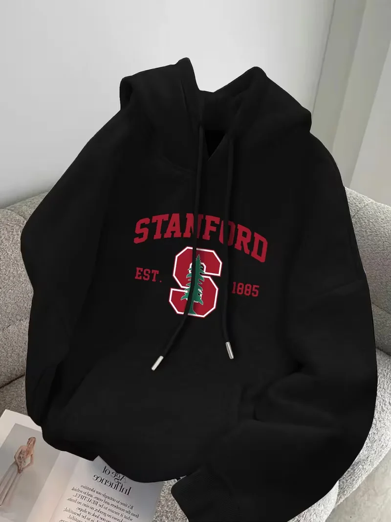 StanfordEST1885Letter Graphic Hoodie MenCasual Long SleevePulloverHooded Sweatshirt Vintage StreetwearAutumn Winter Mens Hoodies