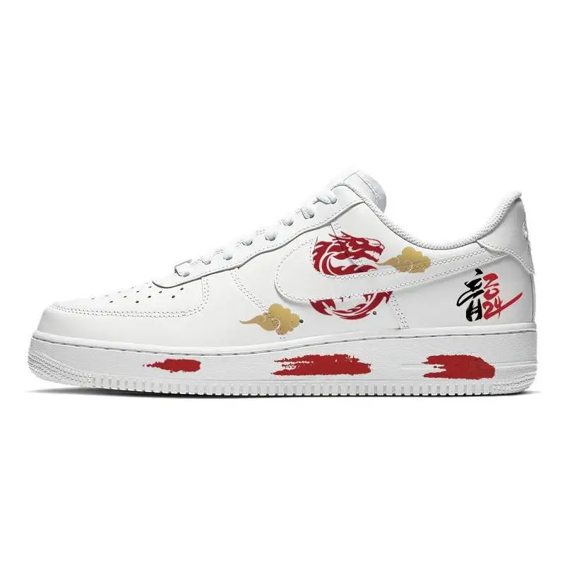 

[На заказ китайский дракон] Женские туфли для скейтборда Nike Air Force 1, низкие красные, белые