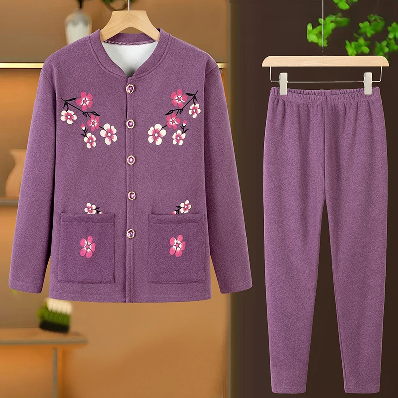 

Thickened Fleece Warmth Outerwear Set for Middle-Aged And Elderly Women Grandmother Knitted Sweater Long Pants Winter Style