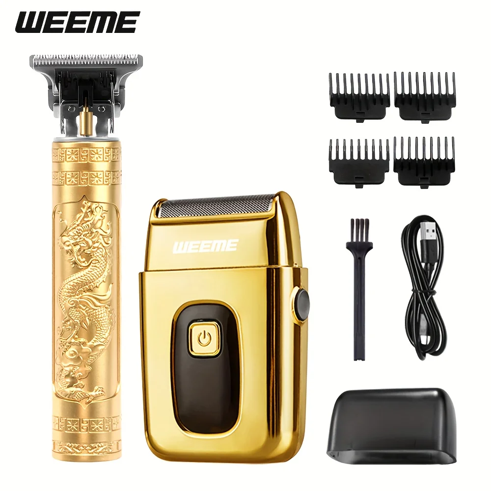 2pcs Men's Facial Hair Trimmer Kit, Electric Short Beard Shaver, Nose Ear Hair Trimmer for Grooming, Home Travel Use, Black Gold