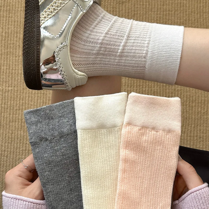 

Женские носки с напуском в балетном стиле, дышащие носки до середины икры из хлопковой полой сетки, очень широкие эластичные однотонные повседневные носки с рюшами