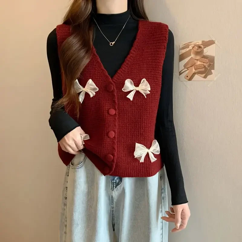 

Nice Autumn New Sweet Bow Solid Color V-neck Sleeveless Sweater Vest Female All-match Young Style Buttons Knitting Loose Cardiga