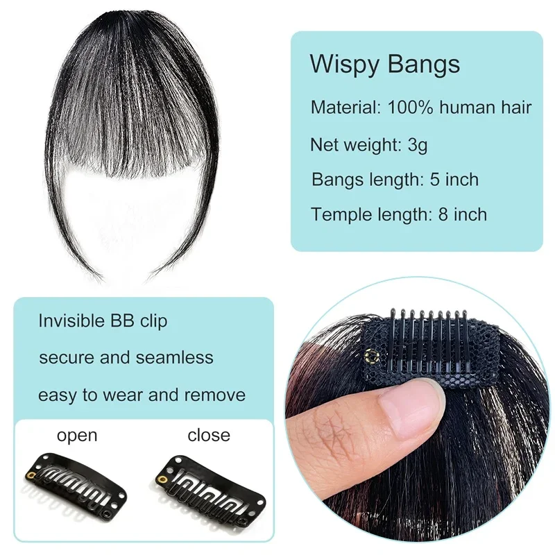 Invisible Hair Bangs Clip em franja reta, 100% cabelo humano, preto, marrom, extensões de costeletas, Hairpiece, pedaço de cabelo