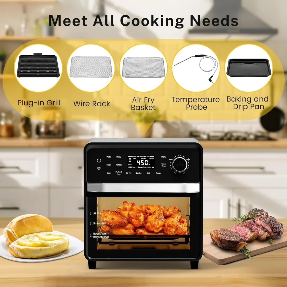 TODD ENGLISH Pro-Smart Grill, Plug-In Grill, Oven & Air Fryer, 550°F Preheat, TRUE Char & Flavor of Premium