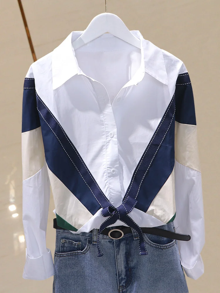 Color Block Long Sleeve Shirt Korean Sweet Bow Tie Drawstring Loose Basic Top Classic Lapel Single Breasted Blouse Autumn Women