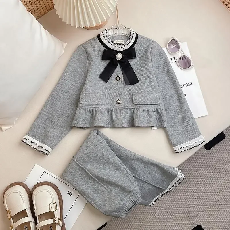 Children's Clothing Sets Bowknot Lace Single-breasted Jacket +Bell-bottoms 2pcs Girls Clothes Set 4 To 11 Years Baby Girl Outfit