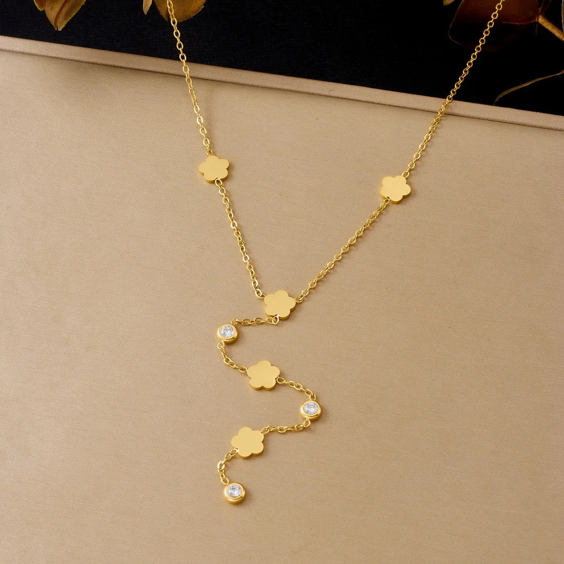 

18K Gold Plated Five-Petal Flower Lariat Necklace, Bezel-Set Crystal Charms, Delicate Stainless Steel Statement Jewelry