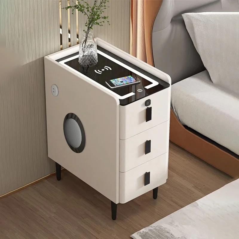Bedroom 3-Tier Nightstands with Charging Station Solid Wood Bedside Cabinet Luxury Narrow Storage Minimalist  End Tables