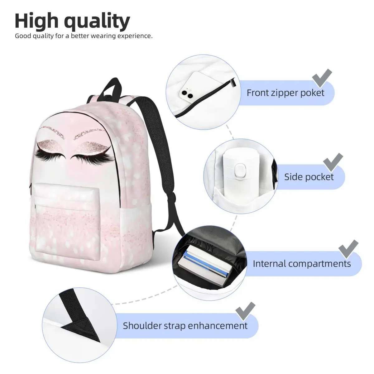 Mochila estampada coroa de cílios rosa para homens e mulheres, bolsa de ombro leve, mochila para estudantes, presente de aniversário, laptop, moda