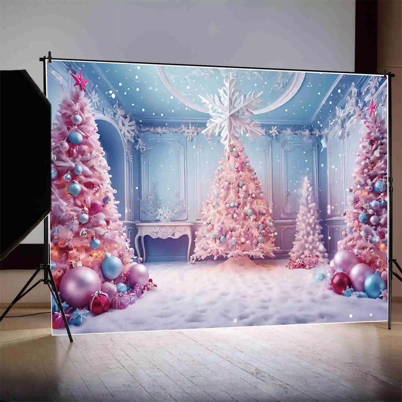 MOON.QG Light Christmas Christmas Tree Background Children Western Shimmer Ornamented Tree Backdrops Party Photocall Supplies