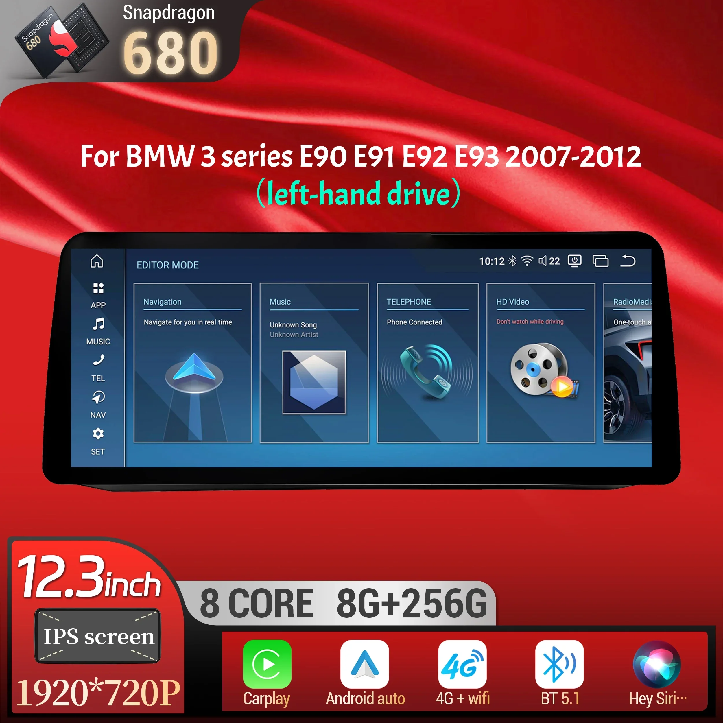 12.3 inch For BMW 3 series E90 E91 E92 E93 2007-2012 Left Hand Drive Android 14 Car Radio Wireless Carplay Snapdragon 680 Screen